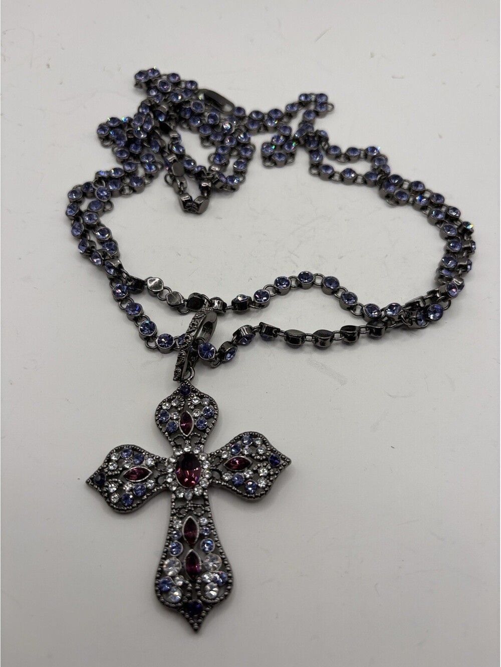Vintage cross pendant silver purple pink rhinestone long designer necklace 50in